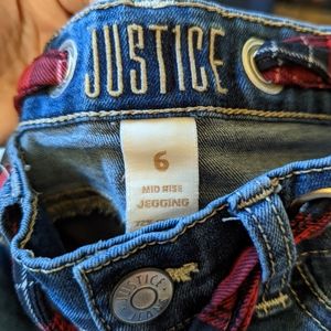 Justice Jeans Sz 6 Mid Rise Jeggings with Built In Plaid Belt